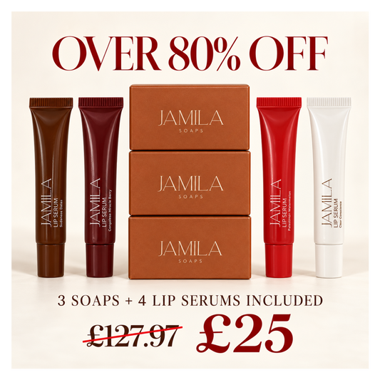Promotional product image for Jamila Soaps showing three stacked brown soap boxes in the center, flanked by four Jamila lip serum tubes in brown, burgundy, red, and white. Large text reads 'OVER 80% OFF' at the top and '3 SOAPS + 4 LIP SERUMS INCLUDED' with a crossed-out price and new £25 price at the bottom.